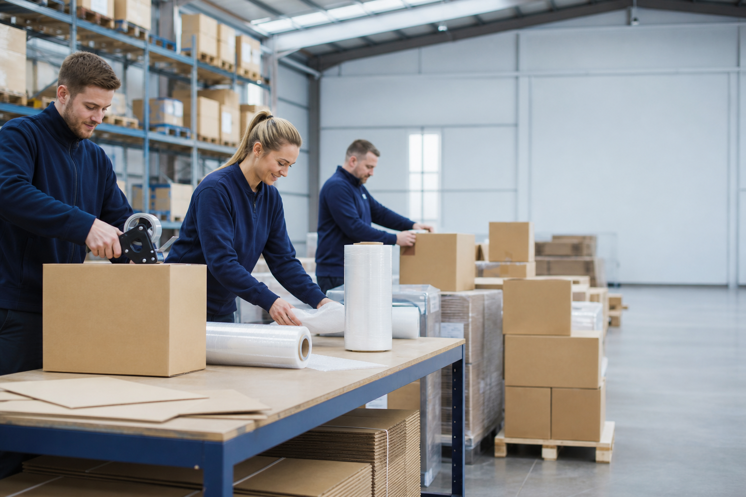 Packaging team preparing cartons and protective film in a warehouse